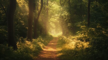 Obraz premium Photography of a tranquil forest scene with towering trees and a soft, sunlit path cutting