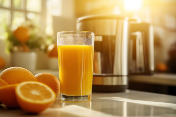 Fototapeta premium A tall glass of freshly squeezed orange juice with condensation, surrounded by whole oranges and a juicer in a bright kitchen with sunlight streaming in