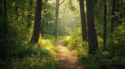 Fototapeta premium Photography of a tranquil forest scene with towering trees and a soft, sunlit path cutting
