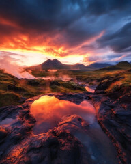 Fototapeta premium The Reykjanes Peninsula, with its rugged lava fields, hot springs, and distant geothermal steam rising into the sky.