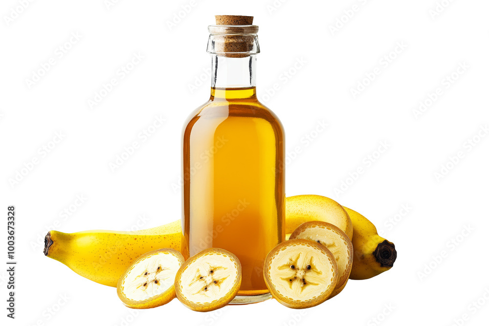 Poster bottle of banana vinegar with sliced bananas ,isolated on transparent background
