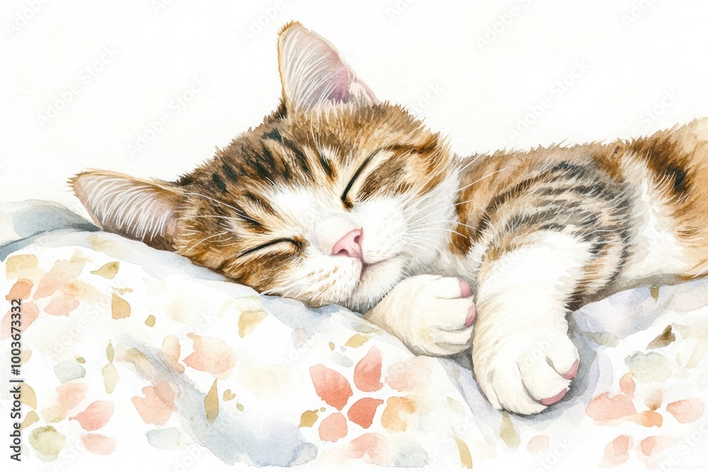 Poster a peaceful cat sleeping soundly on a bedspread with a white background during a quiet afternoon. gen