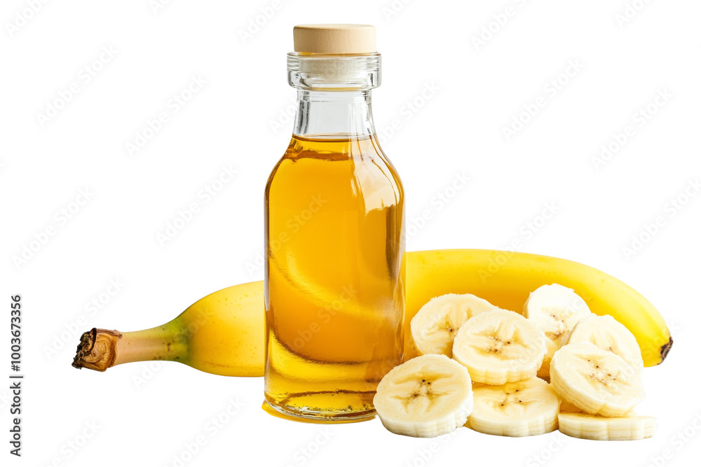 Poster bottle of banana vinegar with sliced bananas ,isolated on transparent background