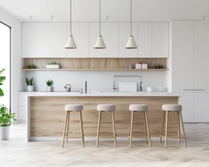 stylish kitchen interior in minimalist style, in white, wood texture
