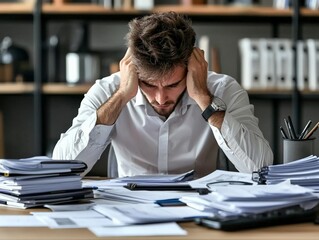 A manager overwhelmed with paperwork, reflecting the stress of micromanaging and inefficient processes