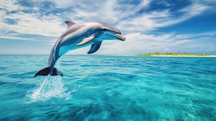 Obraz premium Bottlenose dolphin leaping gracefully out of the clear blue waters of the Caribbean Sea with a tropical coastline visible in the background