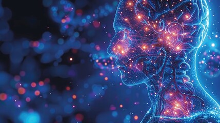 Fototapeta premium Abstract digital illustration of a human head with glowing neural pathways.