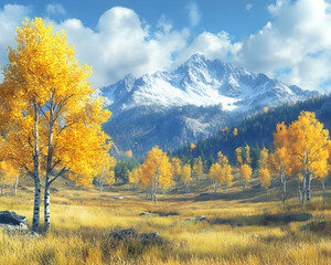 Fototapeta premium Golden Autumn Landscape with Snowy Mountains - 3D Illustration