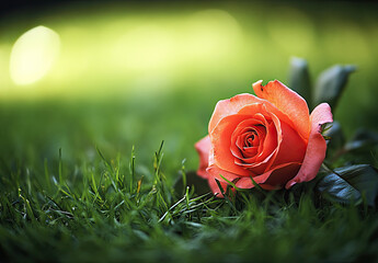  A vibrant red rose delicately placed on lush green grass, bathed in the soft glow of sunlight, creating an enchanting and romantic atmosphere. Created with Ai