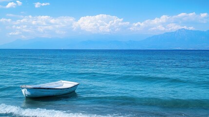 Fototapeta premium Ocean waves gently rocking a small boat surrounded by endless blue water with distant mountains visible on the horizon under a bright sky