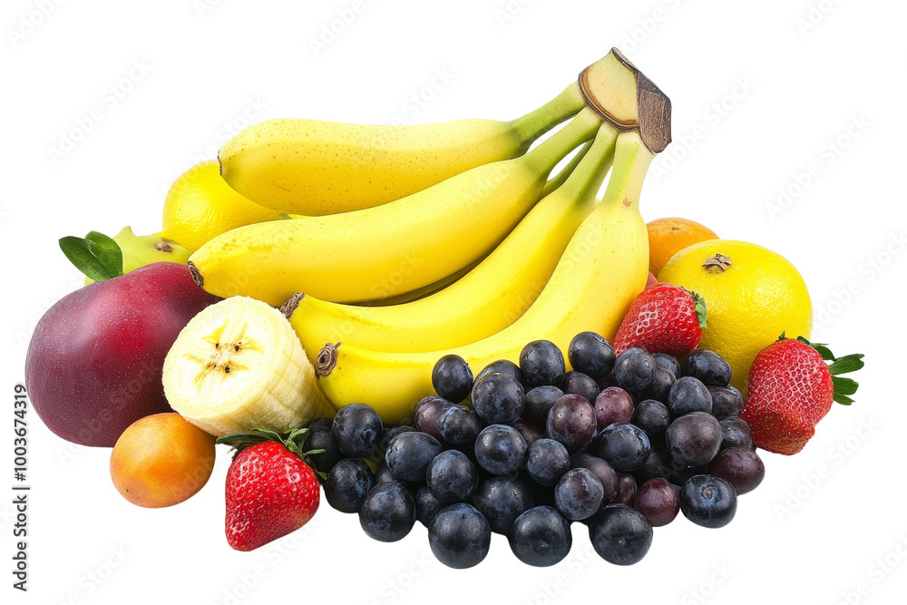 Poster banana surrounded by a mixed fruit arrangement ,isolated on transparent background