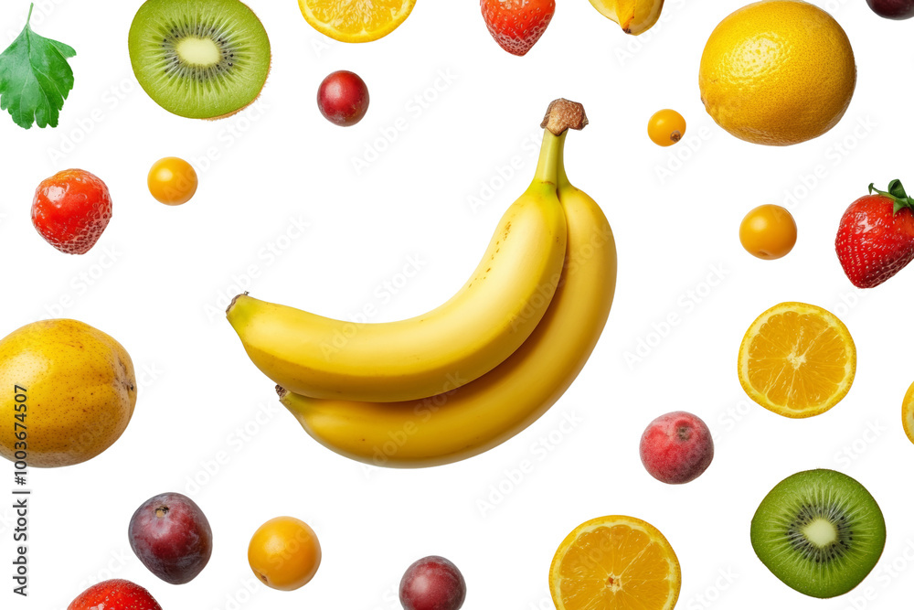 Poster banana surrounded by a mixed fruit arrangement ,isolated on transparent background