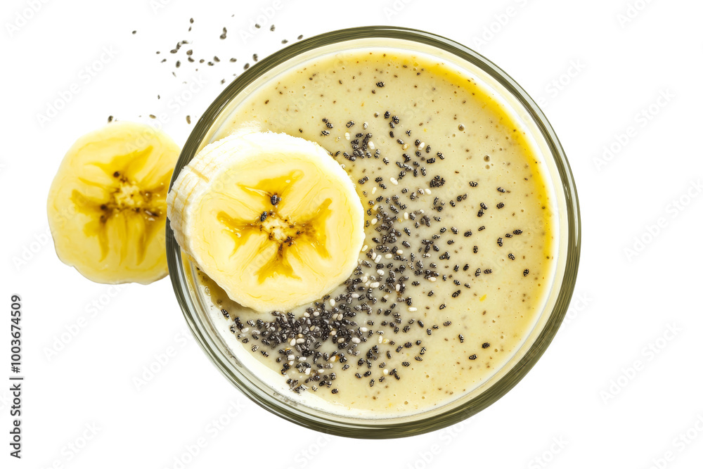 Poster Banana smoothie with a slice of banana on the rim and a sprinkle of chia seeds ,Isolated on transparent background