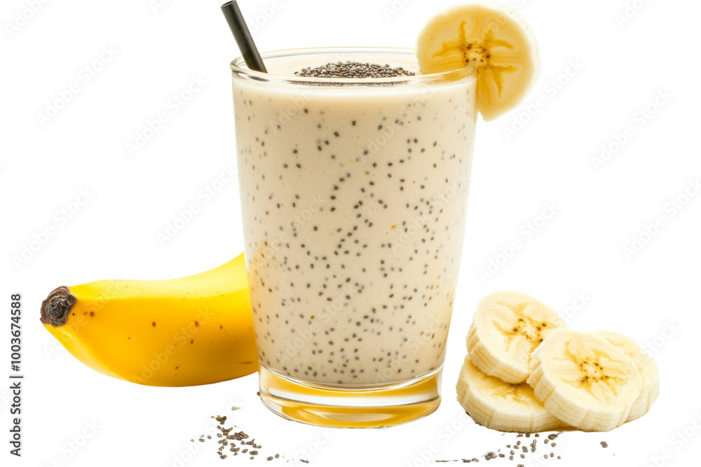 Poster Banana smoothie with a slice of banana on the rim and a sprinkle of chia seeds ,Isolated on transparent background