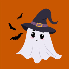 A cute ghost. Halloween character. A ghost in a witch hat with bats. Baby vector flat illustration in hand drawn style isolated on background.