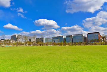 Magok-dong, Gangseo-gu, Seoul, South Korea - April 26, 2020: lawn with the background of LG Science Park and Kolon One & Only Tower
