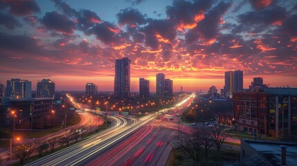 Twilight city office downtown and highway intersection 