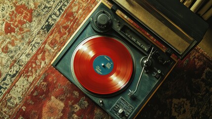 Photography of a vintage record player with a vinyl record, taken from a top-down perspective