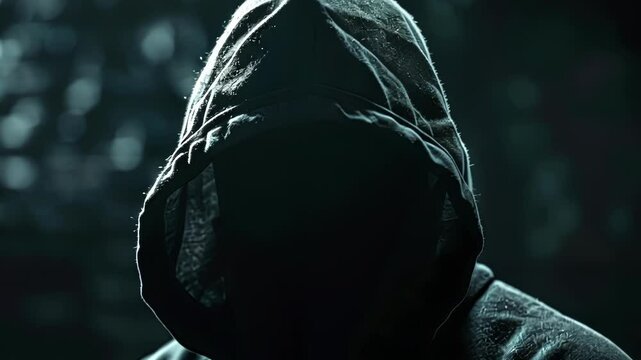 Man in a hood hides his face in a dark alley, creating mystery and danger. The shadowy figure adds suspense, hinting at criminal activity
