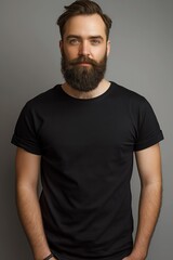 Obraz premium Close-up of bearded man in plain black t-shirt on grey background. Simple, stylish, trendy casual wear for young adult. Basic, minimal, cropped design for studio shot. One person in basic attire.
