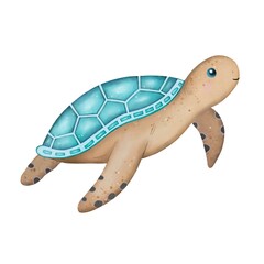 Hand drawn sea turtle in blue and brown tones, watercolor illustration