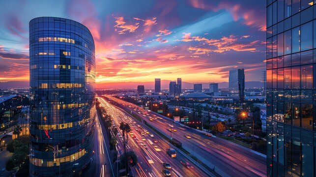 Twilight city office downtown and highway intersection 