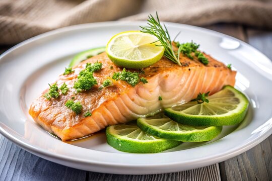 tilted angle, food,Salmon, cooking, dish, culinary, nutrition., Salmon baked with avocado fresh dill and lemon beautifully presented on a white plate captured from a top tilted angle