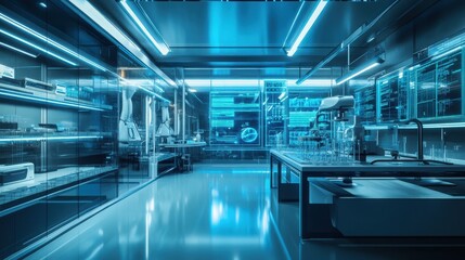 Fototapeta premium Futuristic laboratory interior with blue lighting and glass walls