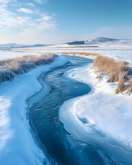 Naklejka premium Frozen River Winding Through Snowy Landscape Photo