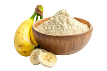 Banana flour in a wooden bowl on a solid white background, close-up detail ,Isolated on transparent background