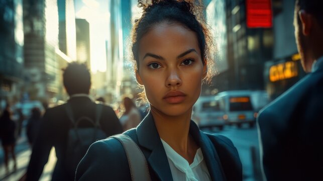 Individuals on a busy urban street with a focused and serious expression highlighted against the cityscape