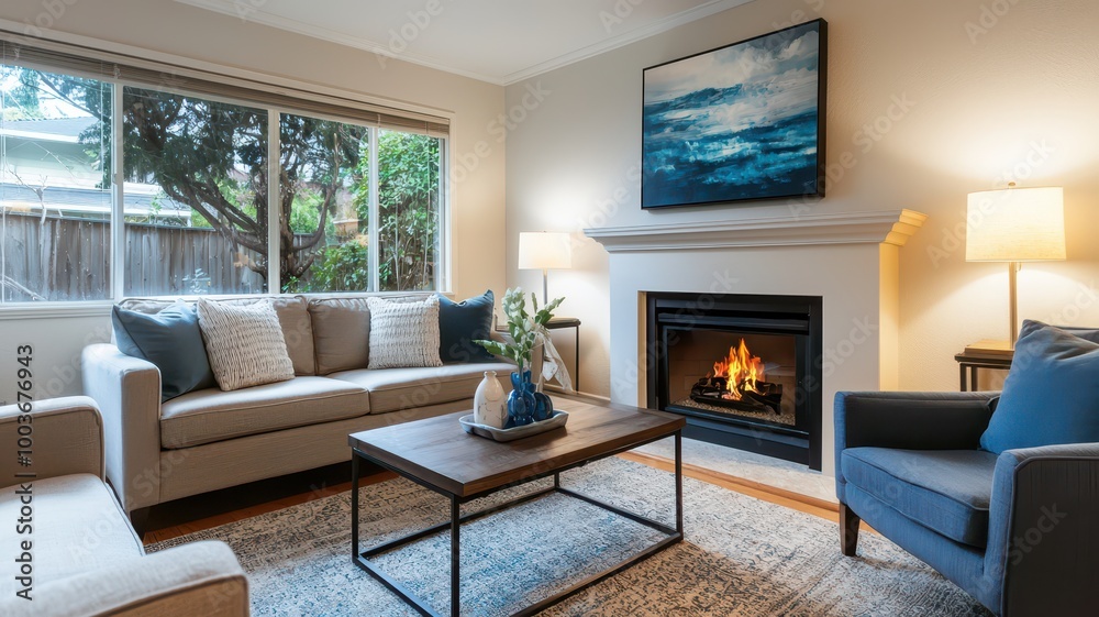 Wall mural A cozy living room featuring a fireplace, comfortable seating, art on the wall, and a warm ambiance with natural light.