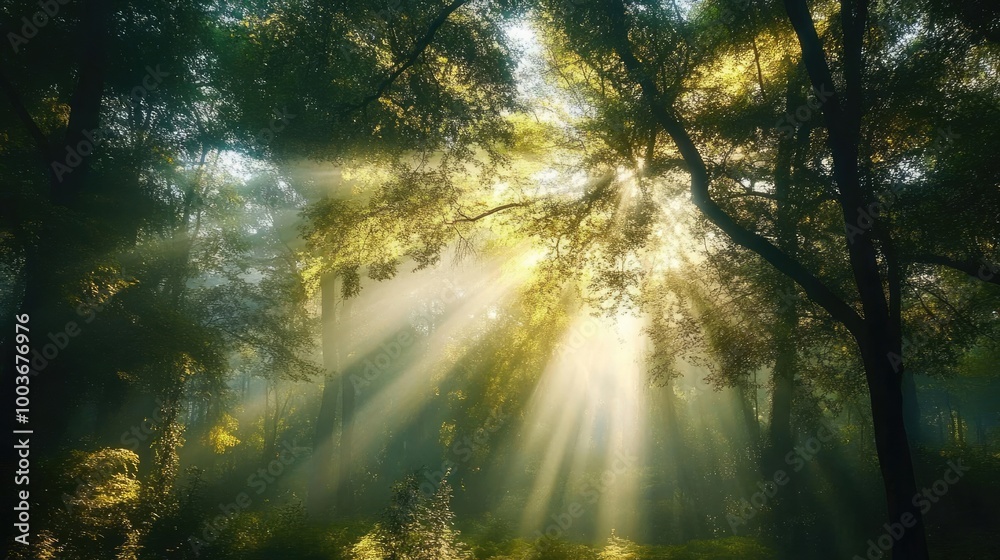 Poster Serene forest scene with sunlight streaming through trees, creating a magical atmosphere filled with warmth and tranquility.