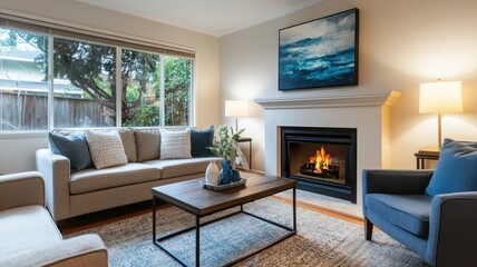 Fototapeta premium A cozy living room featuring a fireplace, comfortable seating, art on the wall, and a warm ambiance with natural light.