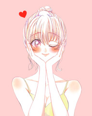 ウインクする女性　お団子頭　恋愛