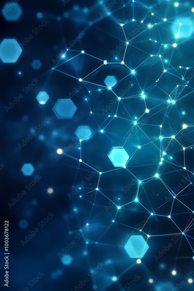 Poster abstract blue network design featuring interconnected nodes and hexagons illustrating digital techno
