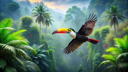 watercolor toucan flying rainforest white background