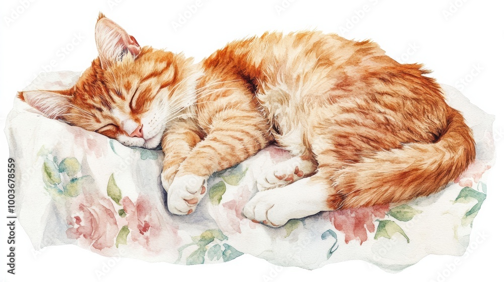 Poster a peaceful, sleeping cat rests on a colorful bedspread, charmingly nestled against a white backgroun