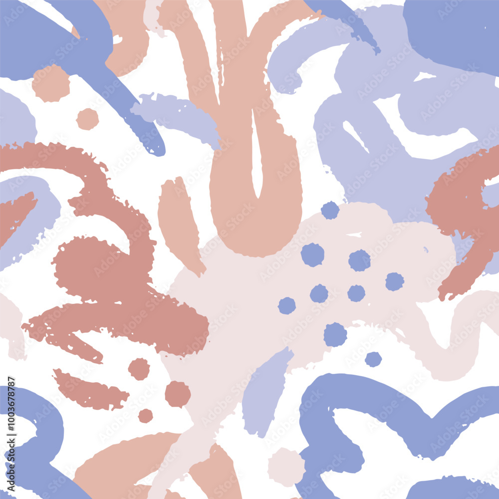 Poster Seamless abstract art pattern, random brush strokes and splashes. Creative modern design for fabric, textile, wallpaper, wrapping paper. Repeating print, endless background. Flat vector illustration