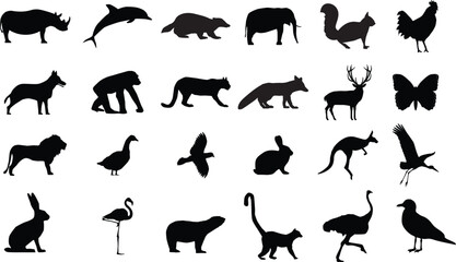 Set of Black Animal Silhouette Vector collection isolated with White Background