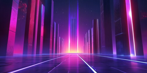 Simplified representation of a futuristic skyscraper with retro-futuristic neon lights.