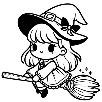 recommend clip art: Line drawing, witch flying on a broom, cute cartoon illustration