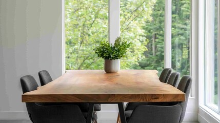 Large wood slab dining table in a modern farmhouse kitchen