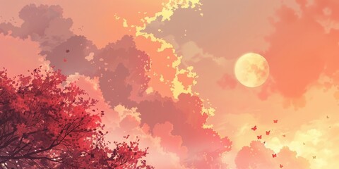 Obraz premium A beautiful sky with a large moon and a few butterflies flying around. The sky is filled with clouds and the trees are red