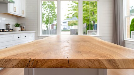 Large wood slab dining table in a modern farmhouse kitchen