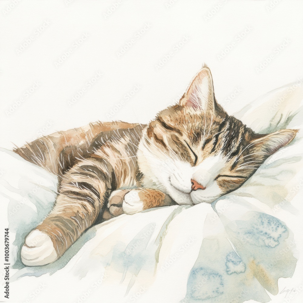 Aufkleber a charming sleeping cat peacefully rests on a soft bedspread against a bright white background in a 