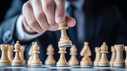 view of a chess board with a hand wearing a suit coming from behind the board, holding a lone chess piece on the board. serious blue background, 