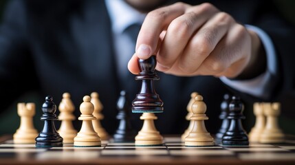 view of a chess board with a hand wearing a suit coming from behind the board, holding a lone chess piece on the board. serious blue background, 