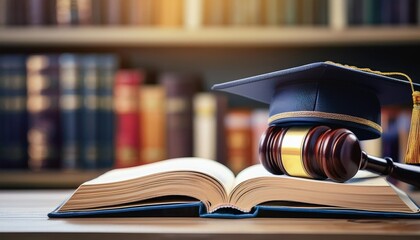 A symbolic image of a graduation cap resting on books, with a gavel nearby, representing education and achievement