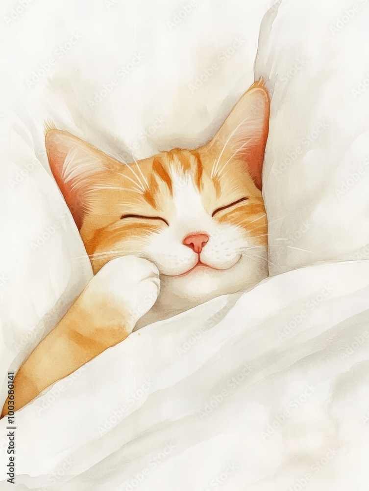 Aufkleber a peaceful orange tabby cat sleeping comfortably on a soft bedspread with a white background in a co